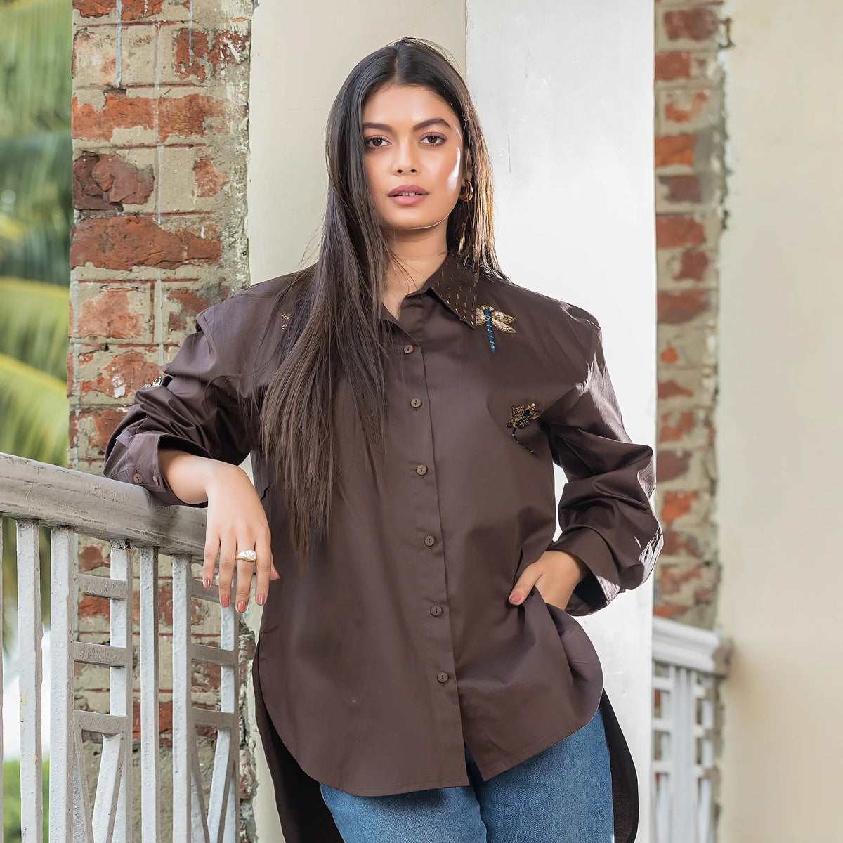 Brown Dragonfly Embellished Shirt