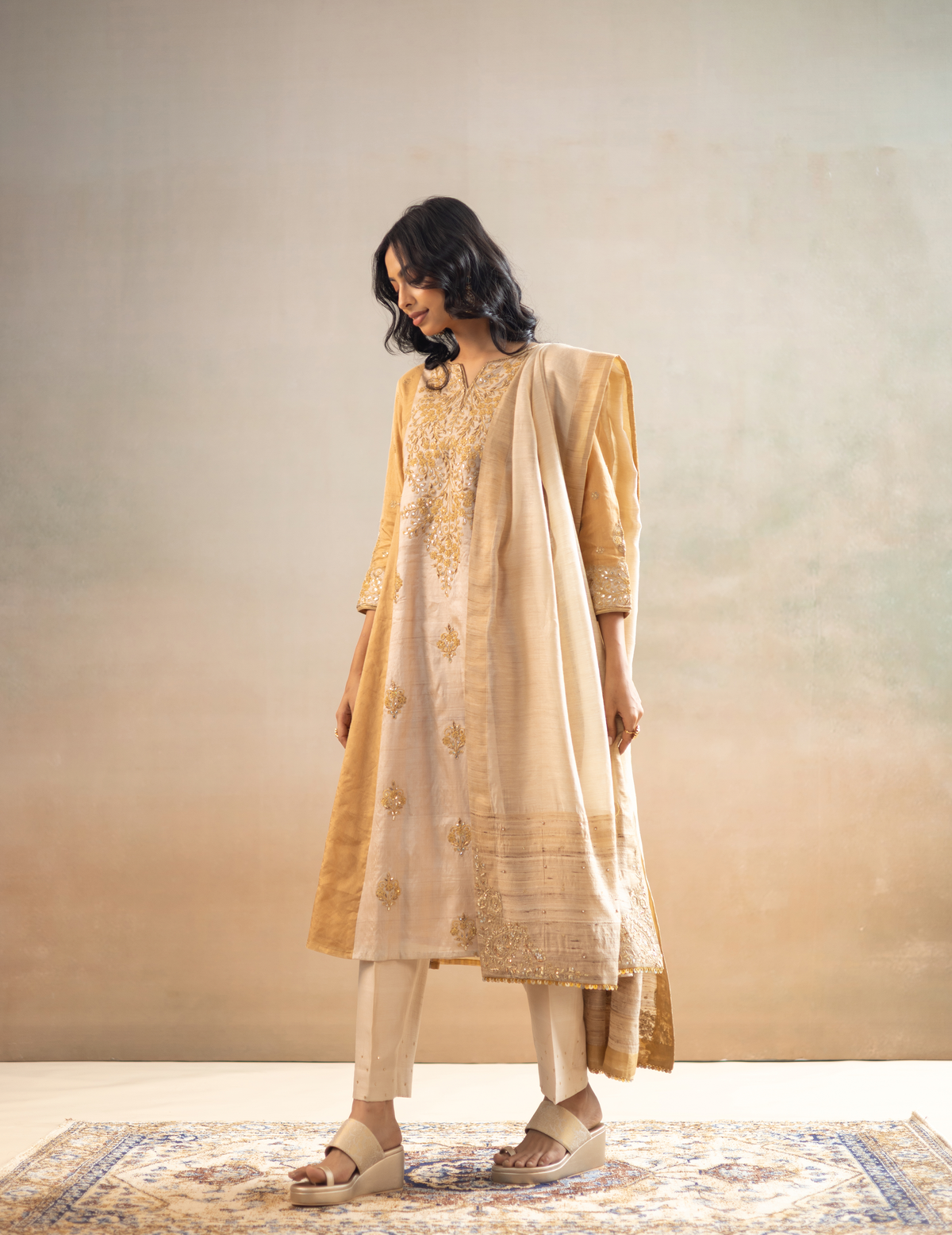 Gold-Beige Tusser Silk Suit