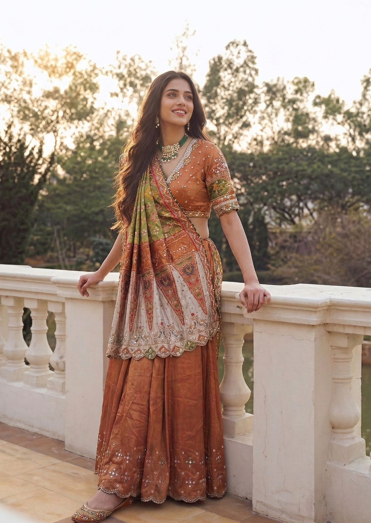 Metallic Red & Green Mochi Work Kanjiwaram Tissue Lehenga Set