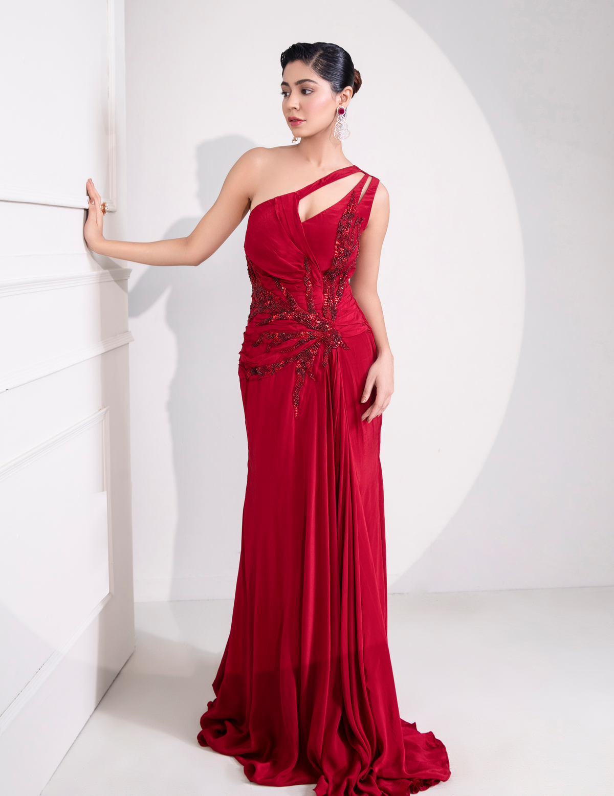 Ruby Red One Shoulder Draped Cocktail Gown Abstract Work
