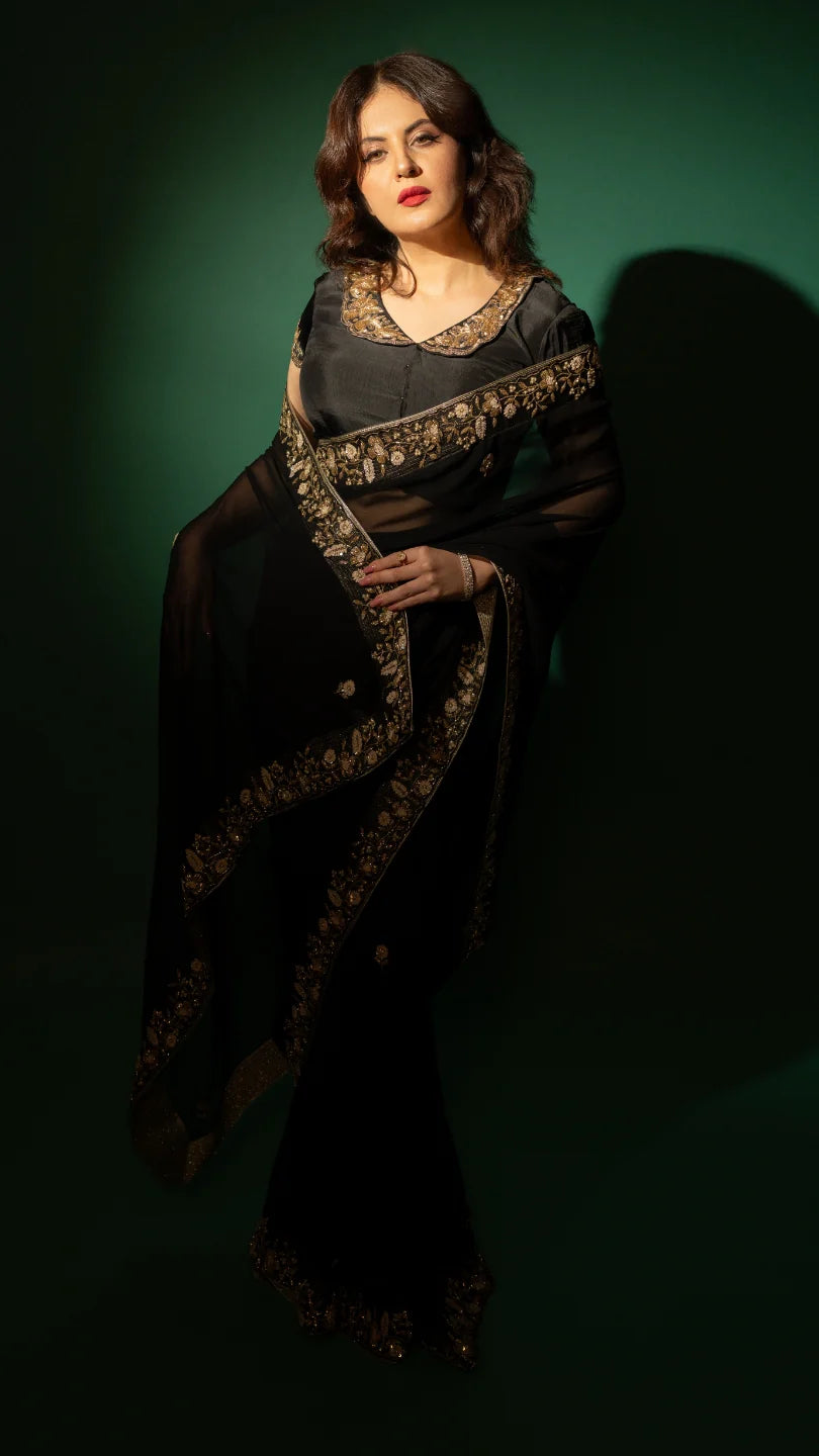 Black Hand Embroidered Saree Organza And Matching Floral Embroidered Blouse