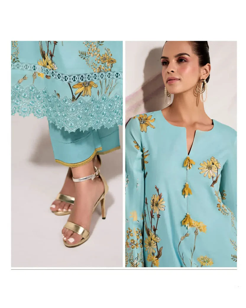 Pure Cotton Lawn Suit With Resham Embroidery Appliqué, Crochet Hemline And Handcrafted Buttons