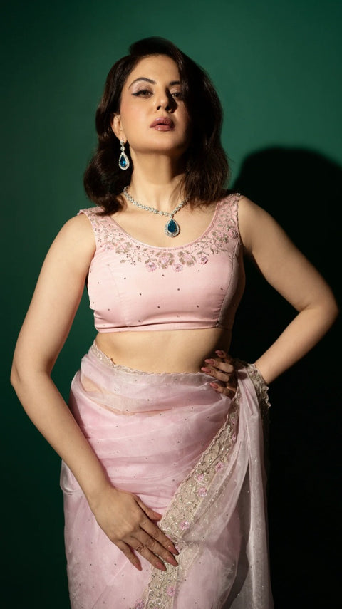 Baby Pink Hand Embroidered Saree Organza And Matching Floral Embroidered Blouse - Set of 2