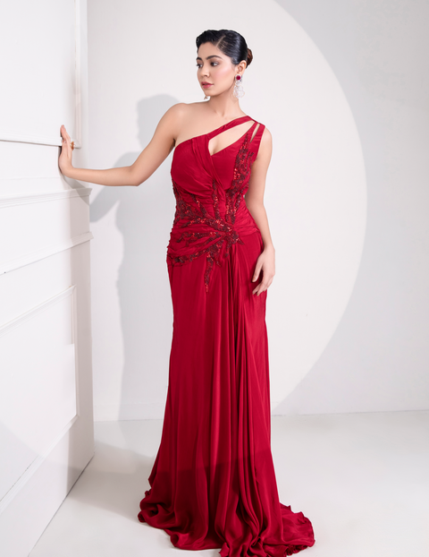 Ruby Red One Shoulder Draped Cocktail Gown Abstract Work