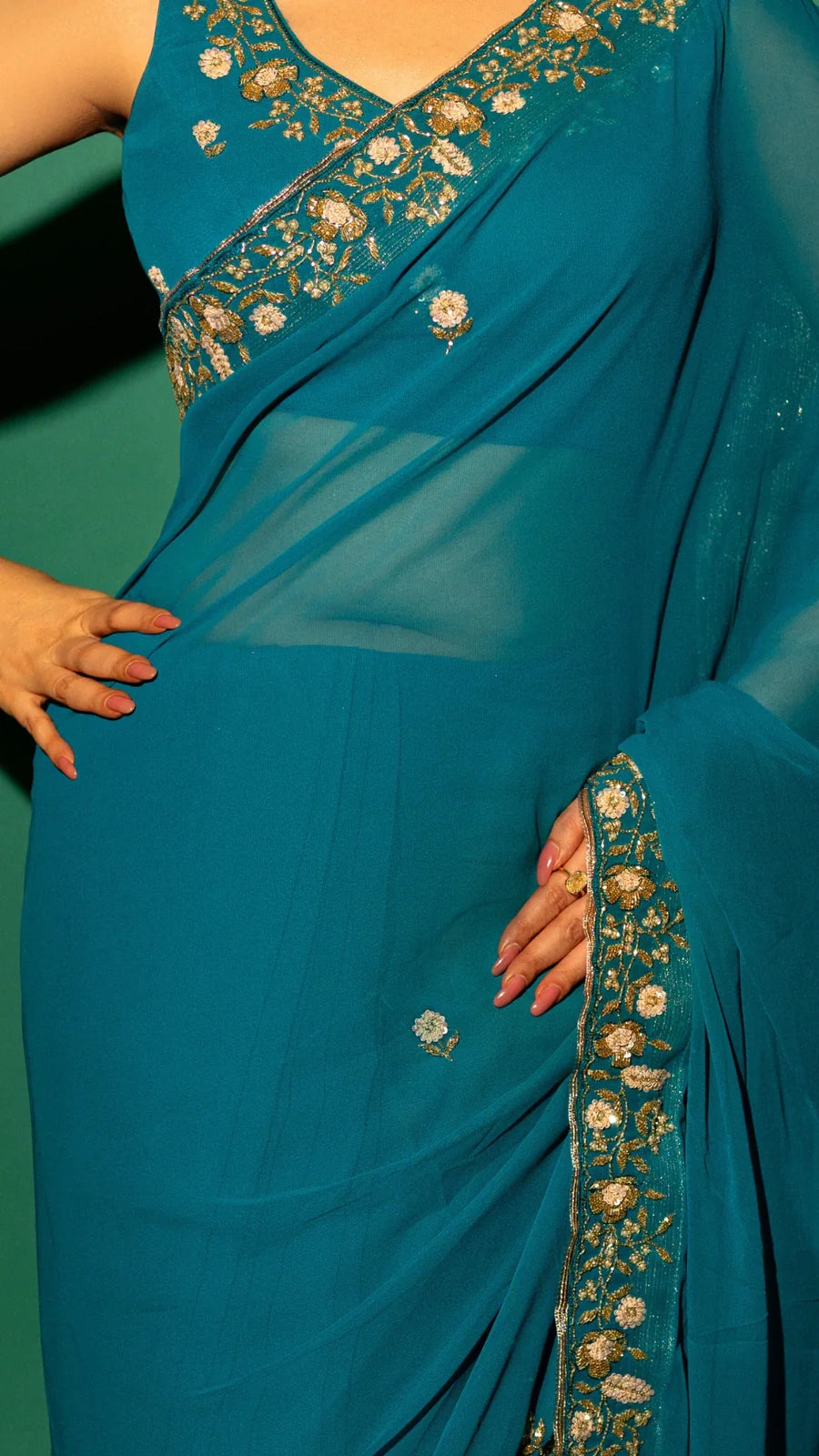 Peacock Blue  Hand Embroidered Saree Organza And Matching Floral Embroidered Blouse