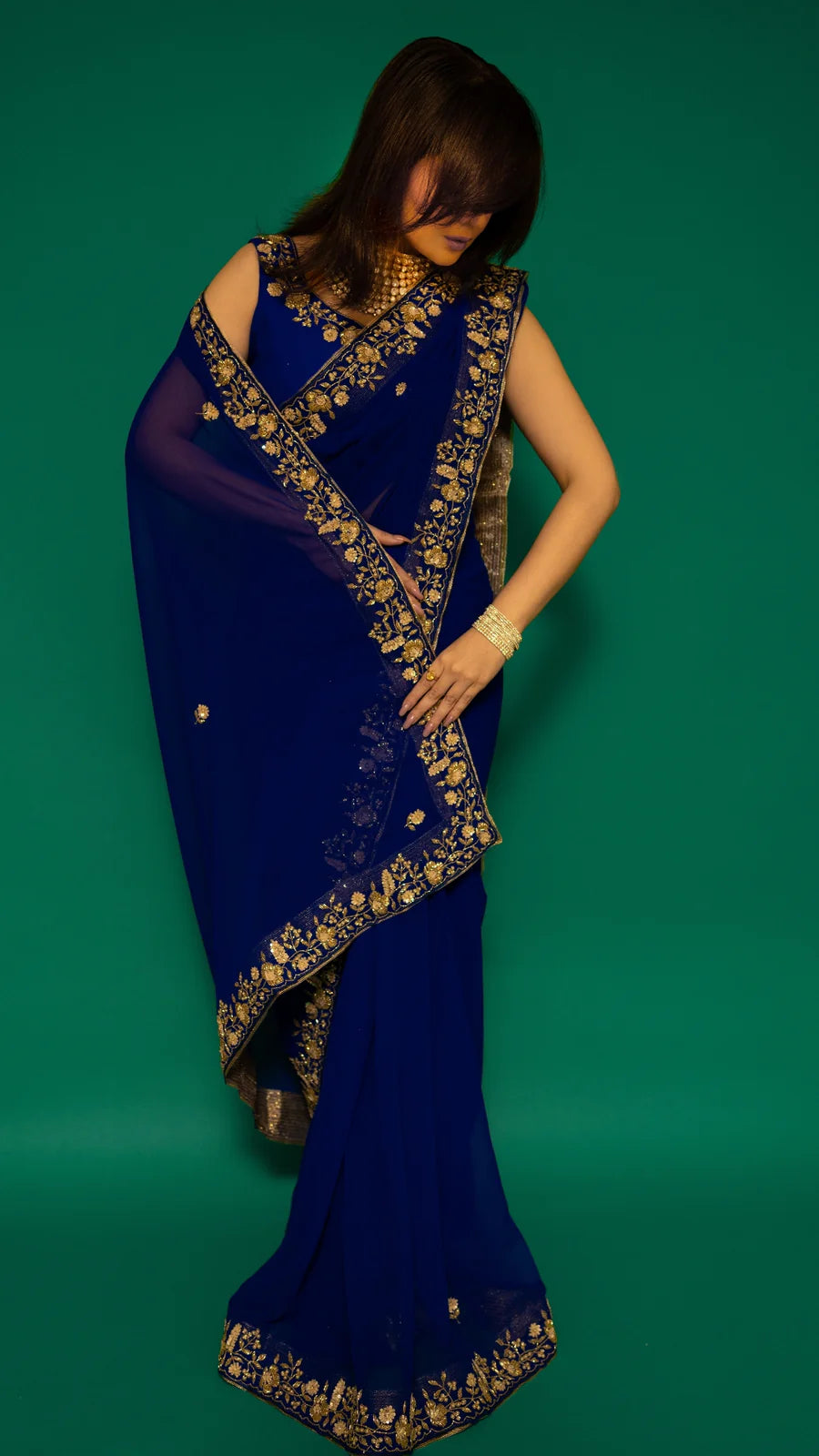 Navy Blue Hand Embroidered Saree Organza And Matching Floral Embroidered Blouse