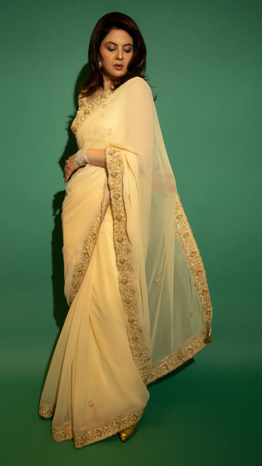 Yellow Hand Embroidered Saree Organza And Matching Floral Embroidered Blouse