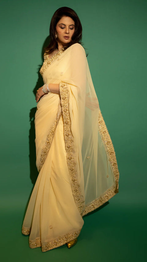 Yellow Hand Embroidered Saree Organza And Matching Floral Embroidered Blouse