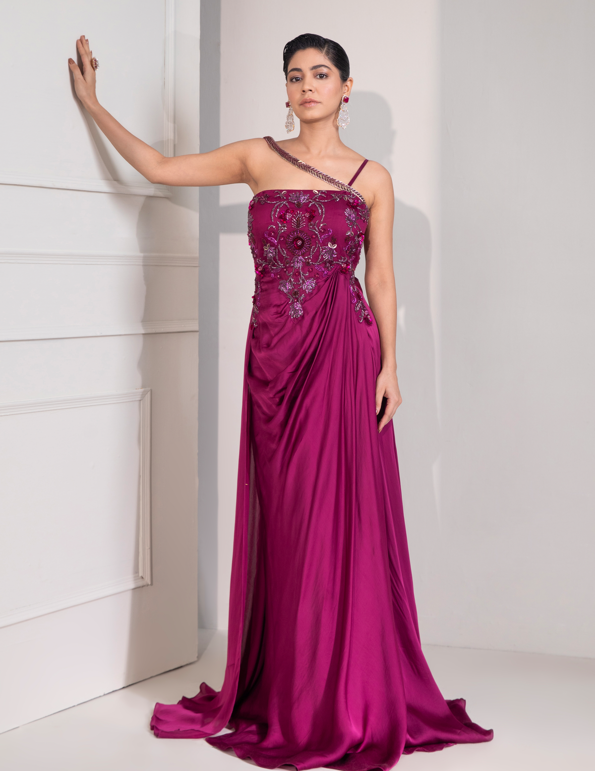 Viva Magenta Draped Cocktail Gown With Embellished Corset