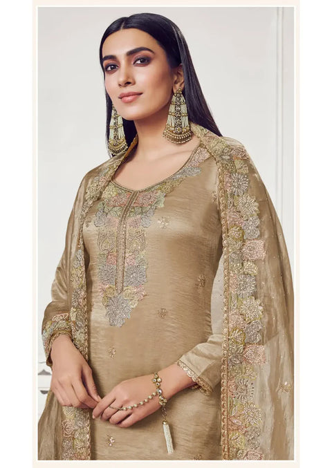 Soft Gold Silk Suit & Dupatta With Thread Embroidery & Zarkan Work