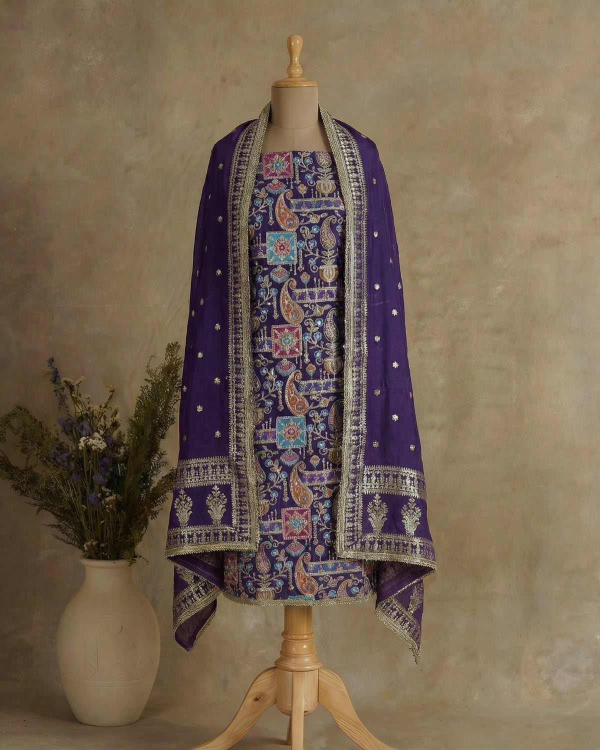 Silk Suit With All-Over Zari Embroidery