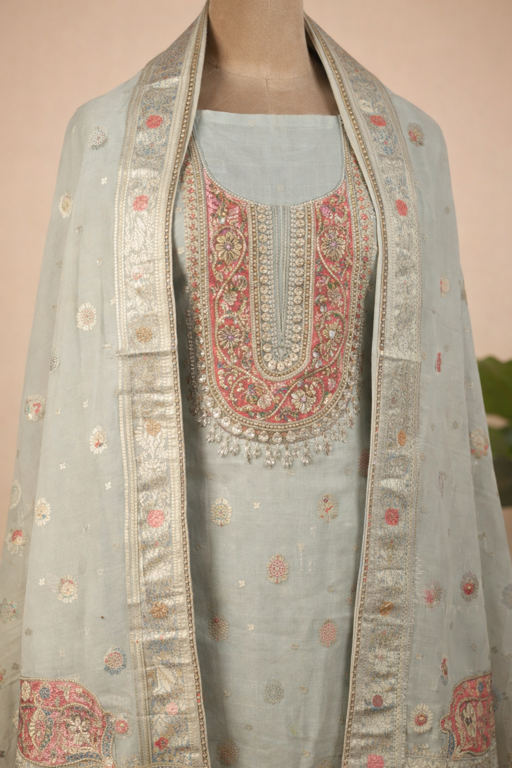 Pure Silk Jacquard Suit With Dabka Hand Embroidery