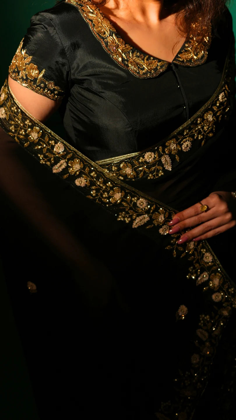 Black Hand Embroidered Saree Organza And Matching Floral Embroidered Blouse