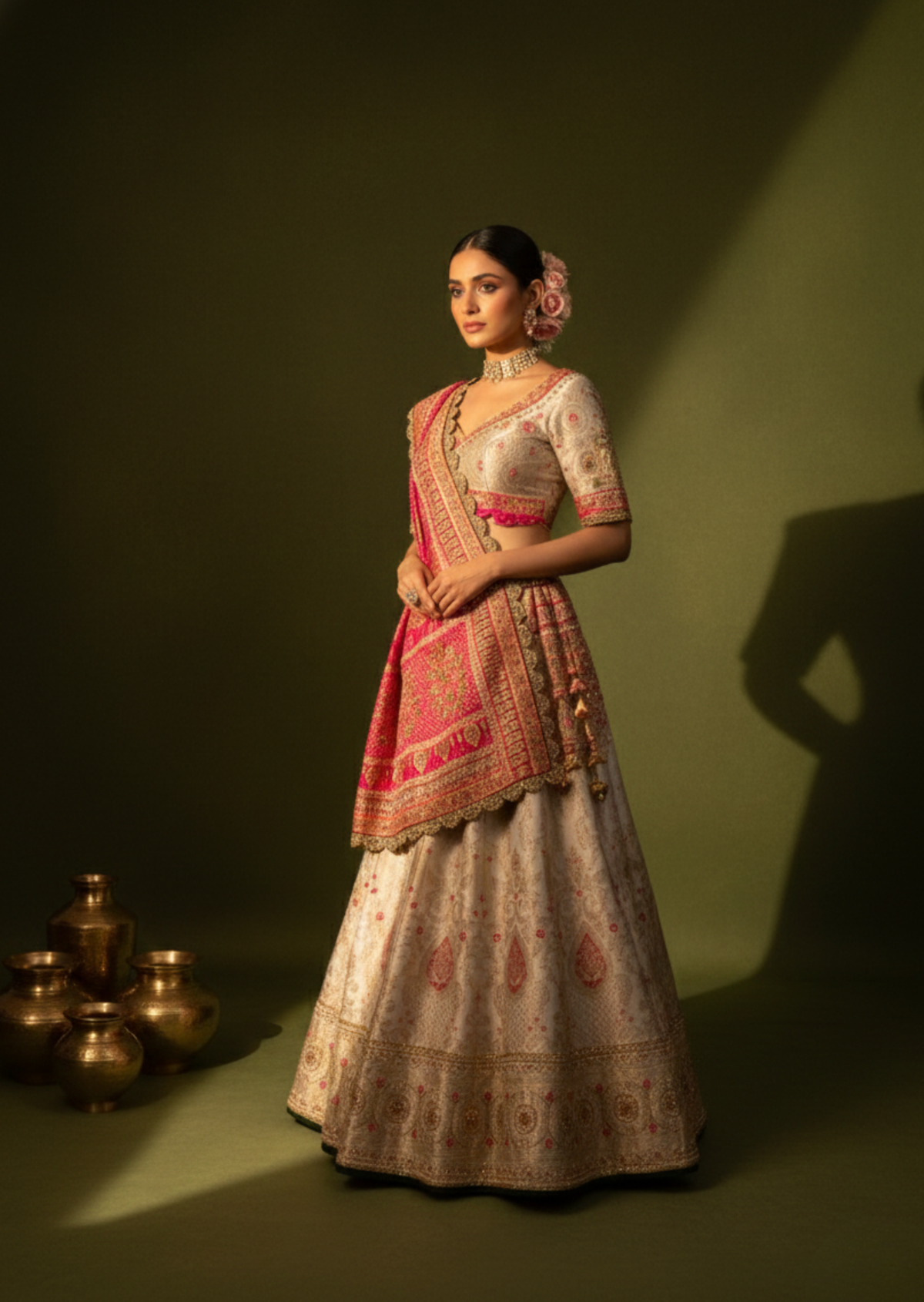 Ivory & Rani Pink Zardozi Handwoven Banarasi Silk Lehenga Set