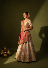 Ivory & Rani Pink Zardozi Handwoven Banarasi Silk Lehenga Set
