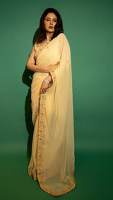 Yellow Hand Embroidered Saree Organza And Matching Floral Embroidered Blouse