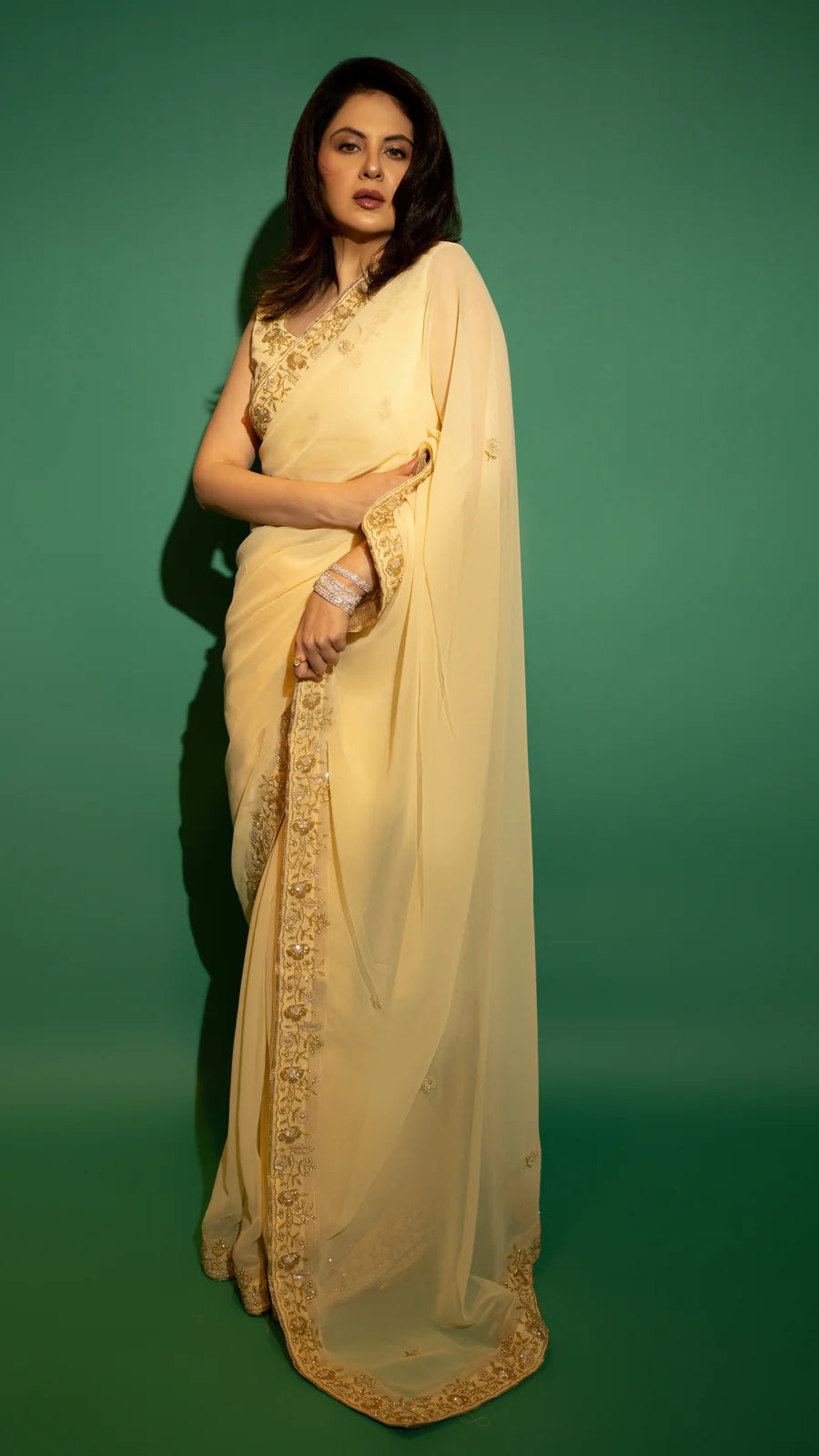 Yellow Hand Embroidered Saree Organza And Matching Floral Embroidered Blouse