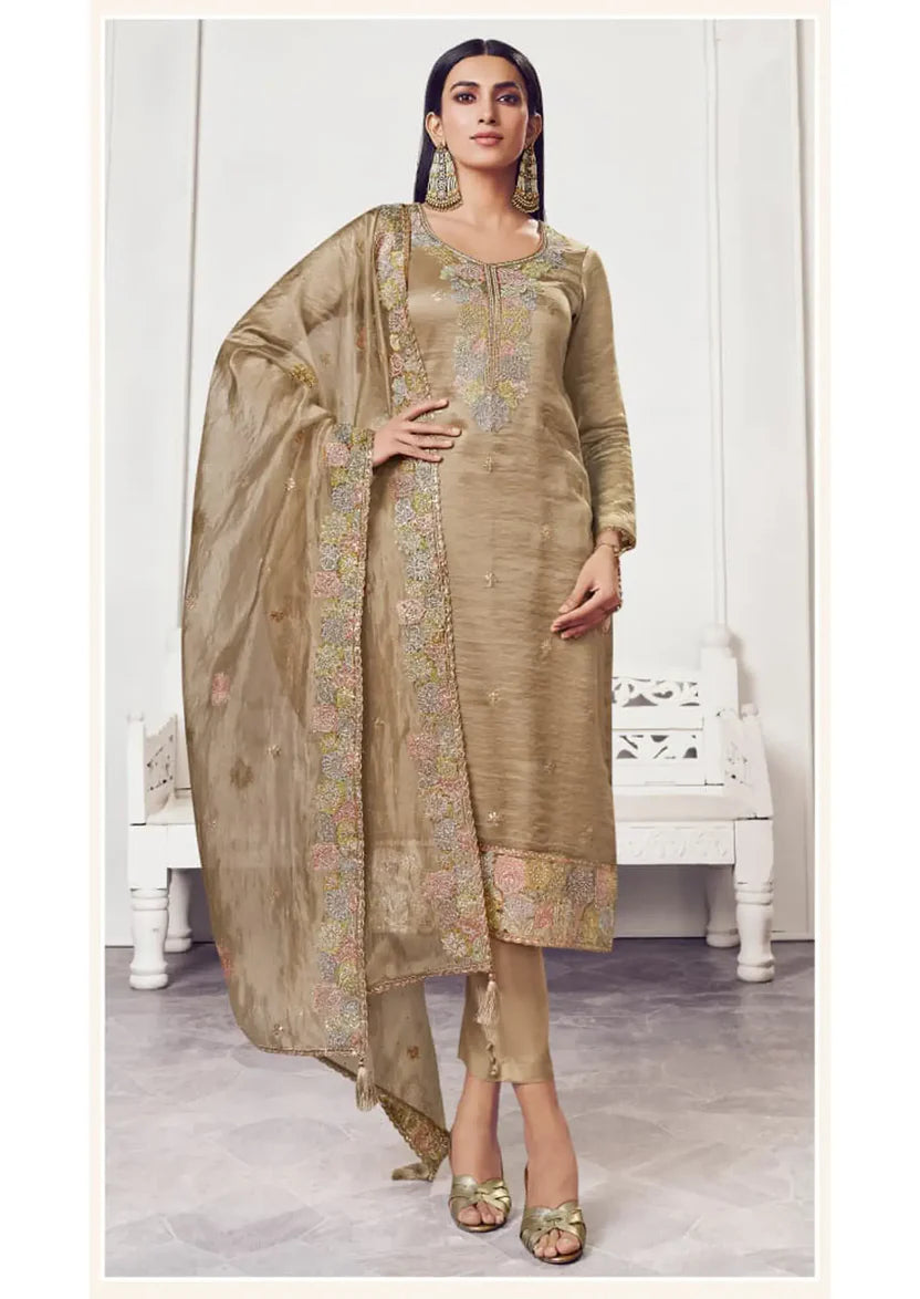 Soft Gold Silk Suit & Dupatta With Thread Embroidery & Zarkan Work