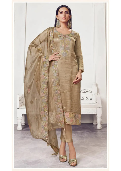 Soft Gold Silk Suit & Dupatta With Thread Embroidery & Zarkan Work