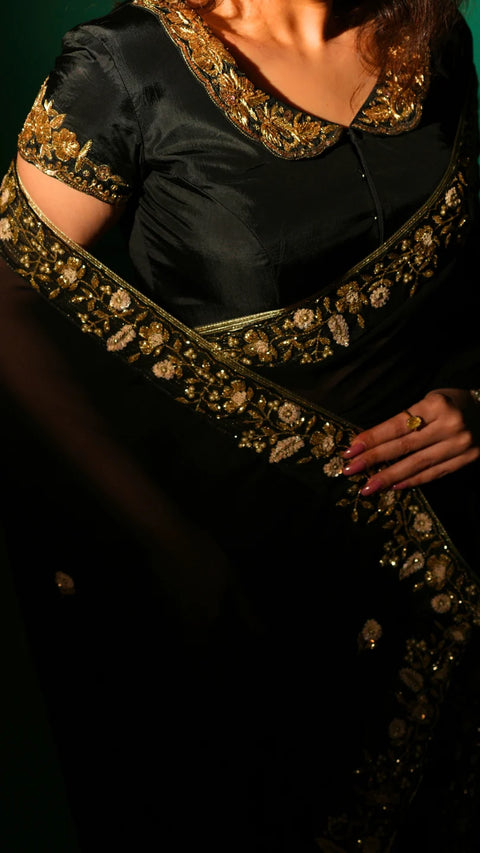 Black Hand Embroidered Saree Organza And Matching Floral Embroidered Blouse -Set of 2