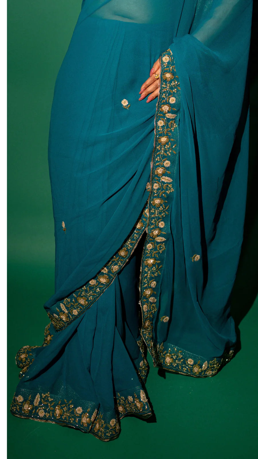 Peacock Blue  Hand Embroidered Saree Organza And Matching Floral Embroidered Blouse