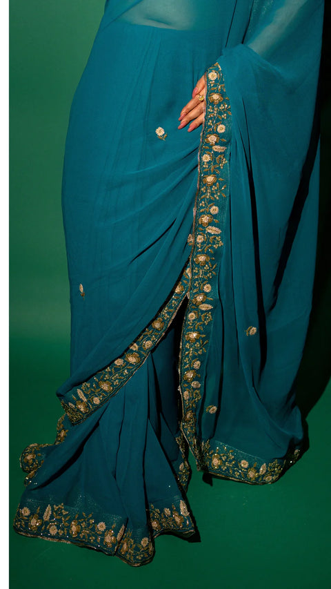 Peacock Blue  Hand Embroidered Saree Organza And Matching Floral Embroidered Blouse
