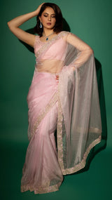 Baby Pink Hand Embroidered Saree Organza And Matching Floral Embroidered Blouse