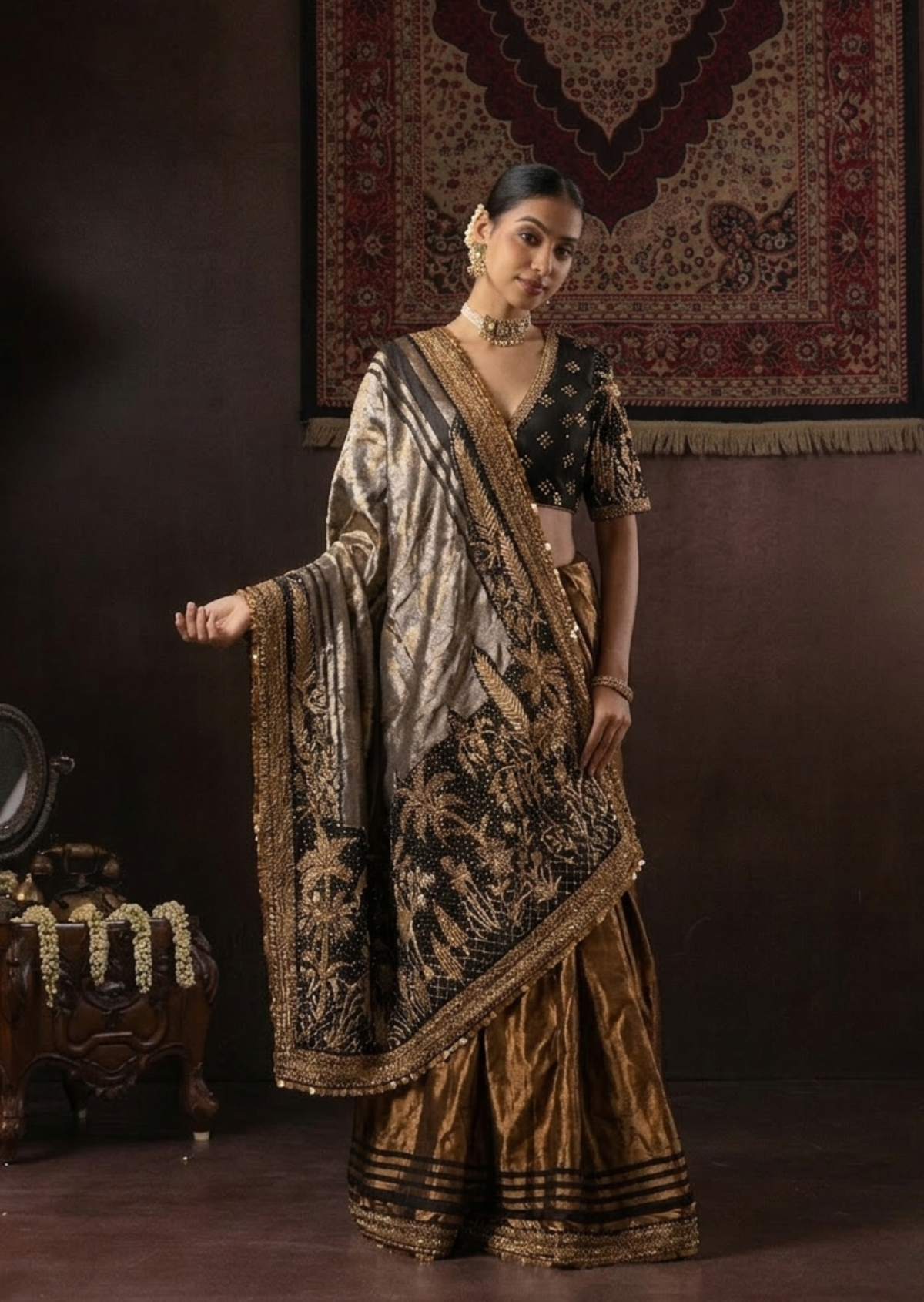 Gold & Silver Zardozi Mughal Motif Tissue Saree