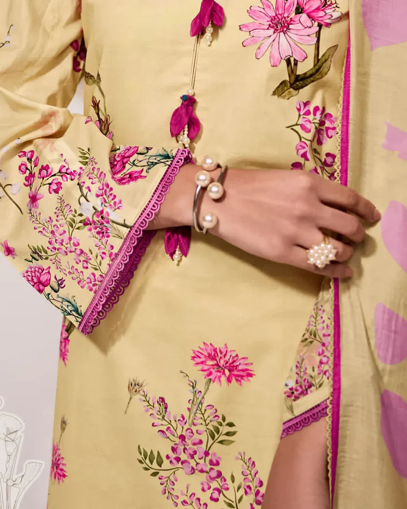 Pure Cotton Lawn Suit With Resham Embroidery Appliqué, Crochet Hemline And Handcrafted Buttons
