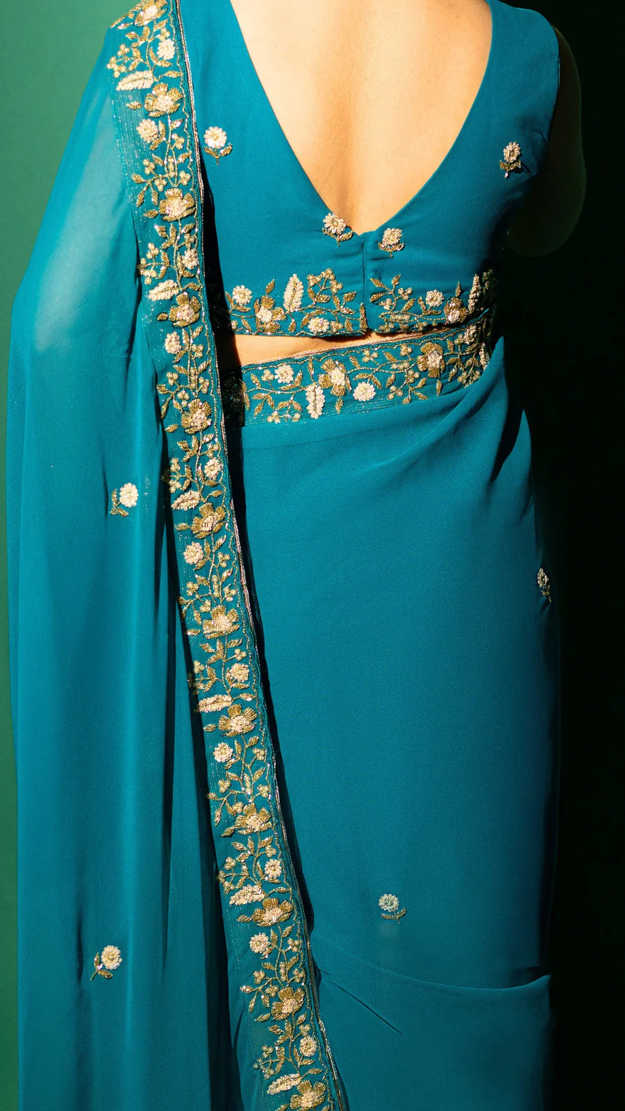 Peacock Blue  Hand Embroidered Saree Organza And Matching Floral Embroidered Blouse