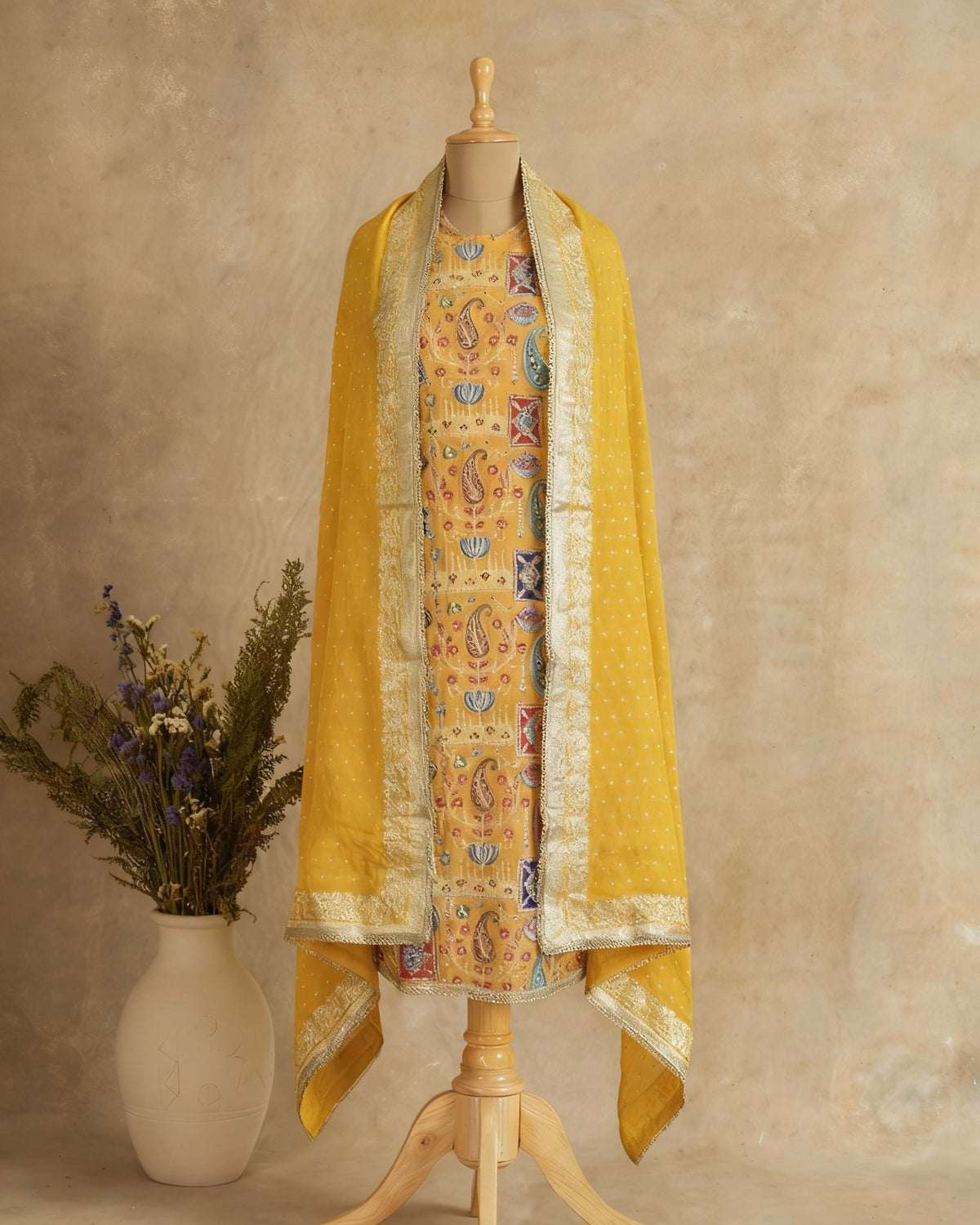 Silk Suit With All-Over Zari Embroidery
