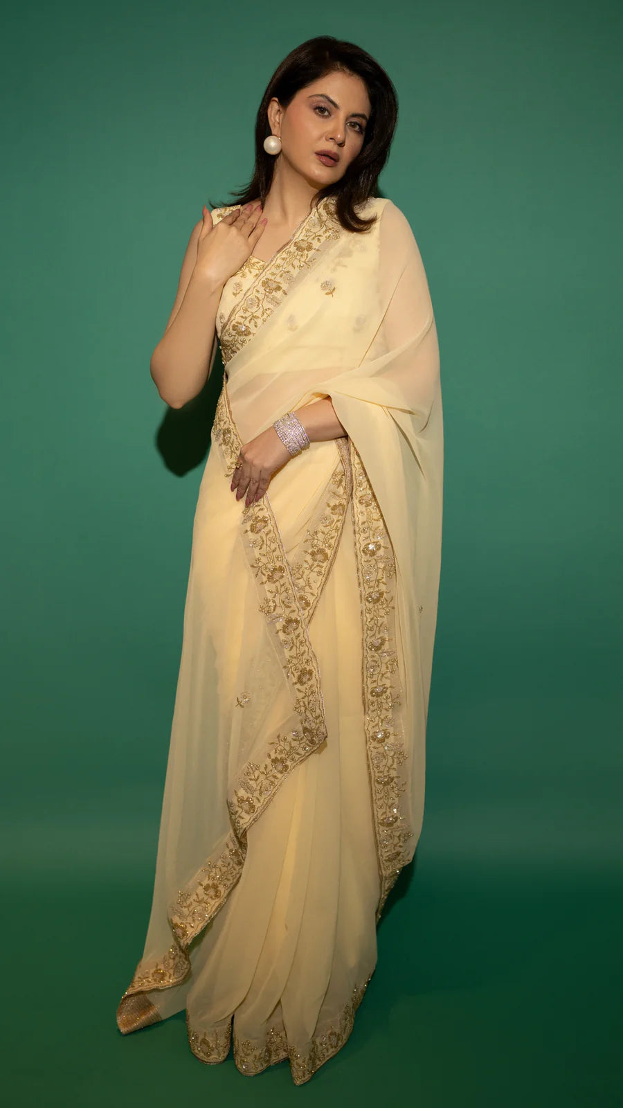 Yellow Hand Embroidered Saree Organza And Matching Floral Embroidered Blouse