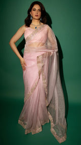 Baby Pink Hand Embroidered Saree Organza And Matching Floral Embroidered Blouse