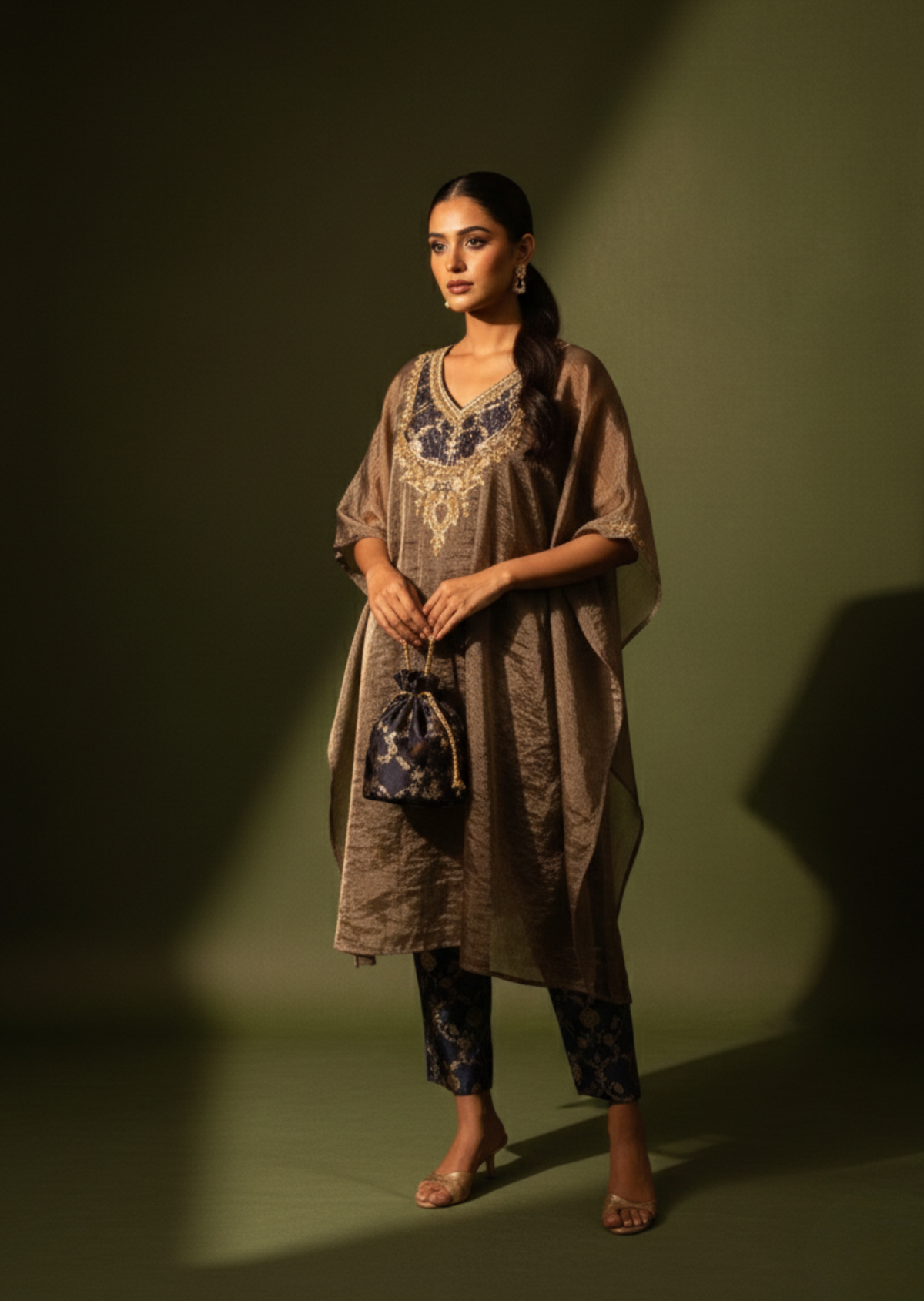 Black Zardozi Silk Tissue Kaftan Set