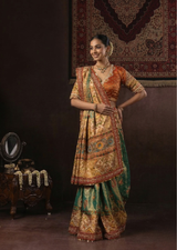Teal Green & Ivory Mochi Work Silk Tissue Patola Saree