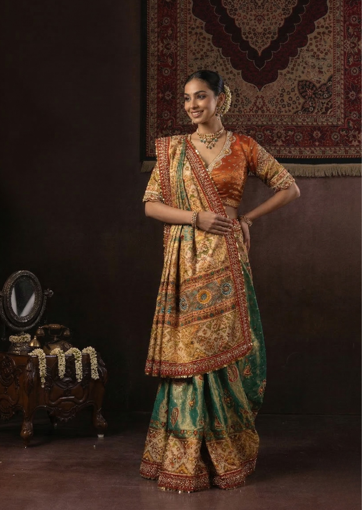Teal Green & Ivory Mochi Work Silk Tissue Patola Saree
