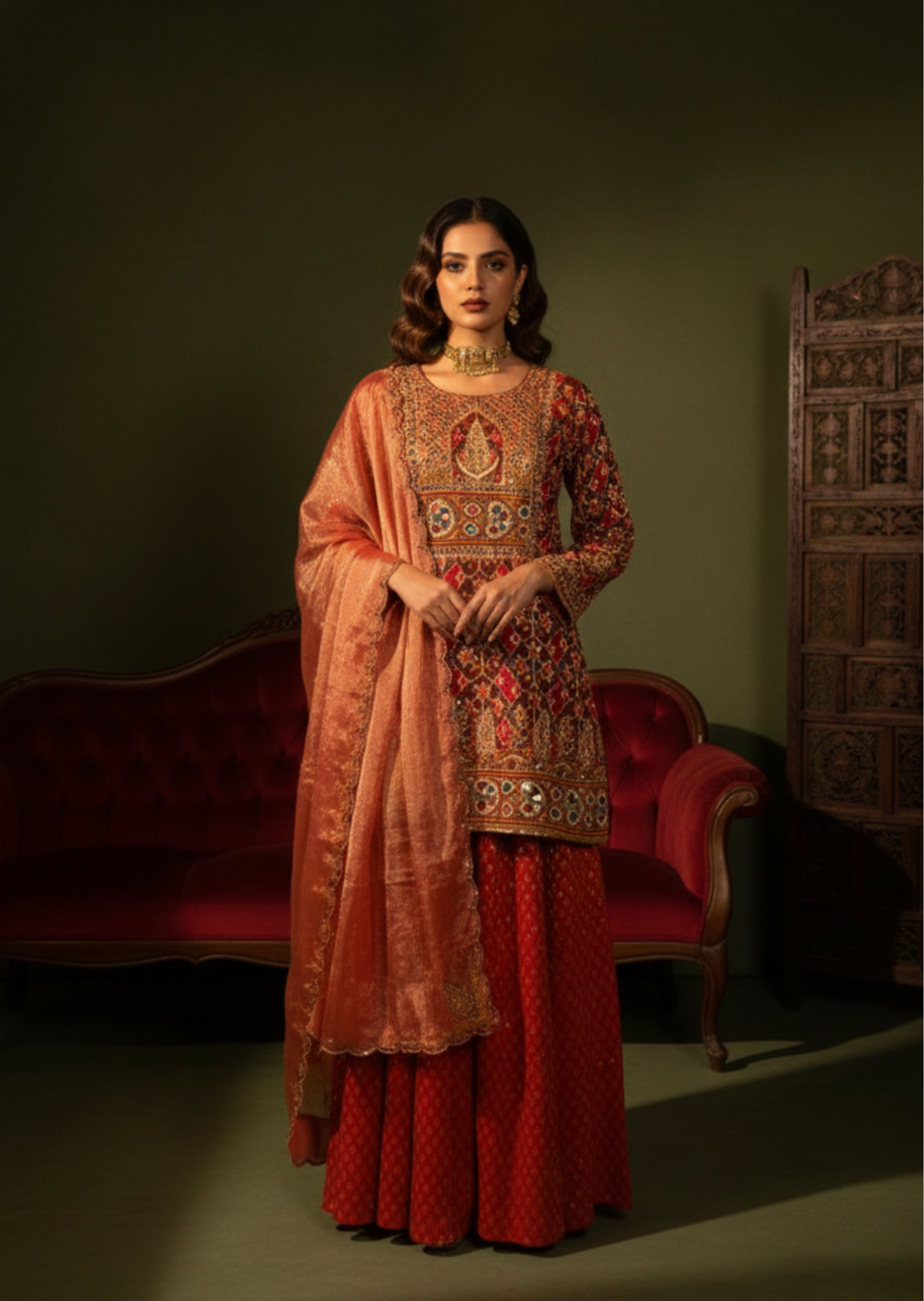 Deep Red Pitta & Kutchi Work Single Ikat Patola Gharara Set