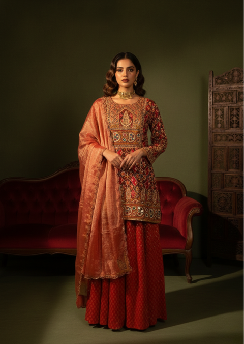 Deep Red Pitta & Kutchi Work Single Ikat Patola Gharara Set