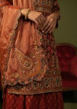 Deep Red Pitta & Kutchi Work Single Ikat Patola Gharara Set
