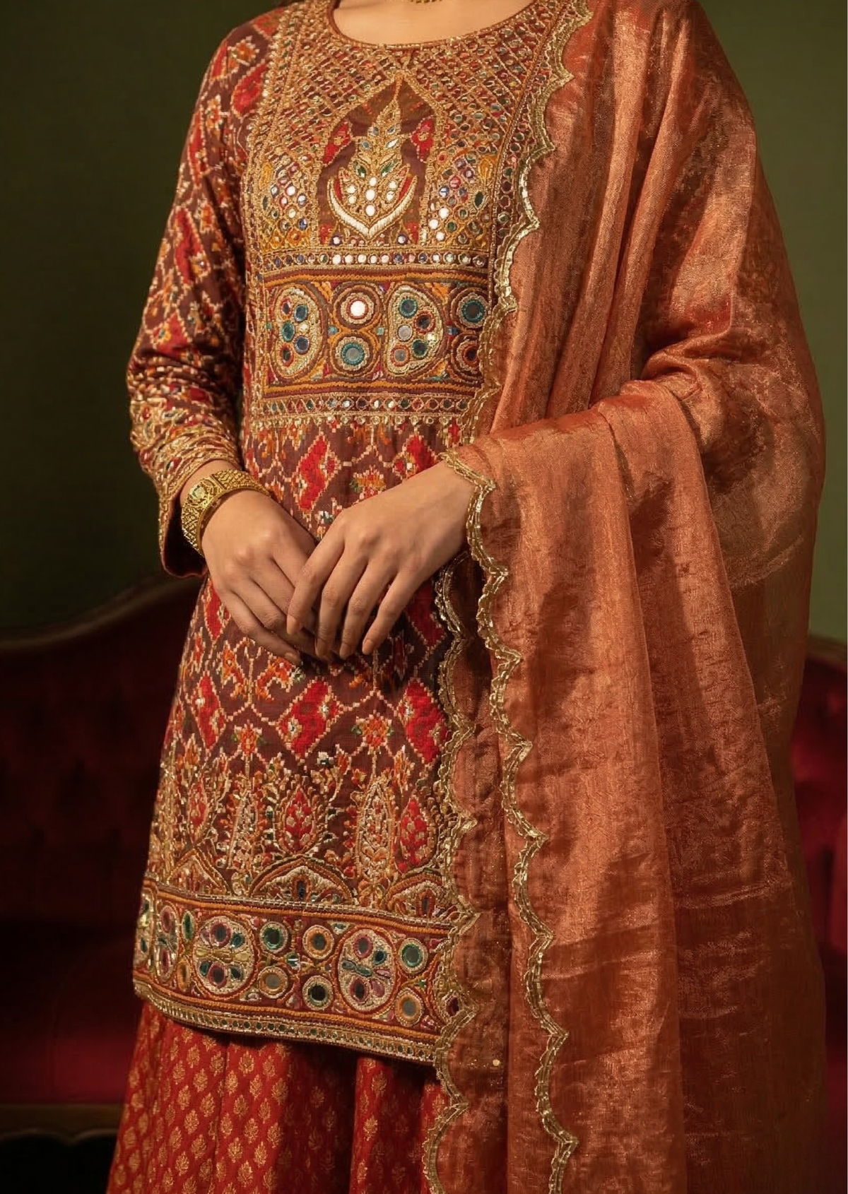 Deep Red Pitta & Kutchi Work Single Ikat Patola Gharara Set