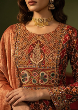 Deep Red Pitta & Kutchi Work Single Ikat Patola Gharara Set