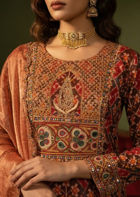 Deep Red Pitta & Kutchi Work Single Ikat Patola Gharara Set