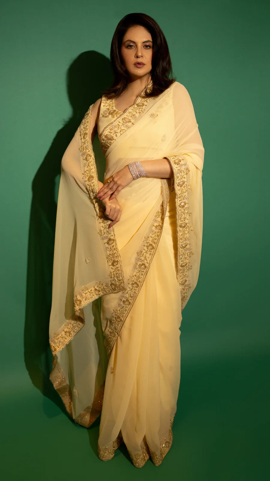 Yellow Hand Embroidered Saree Organza And Matching Floral Embroidered Blouse