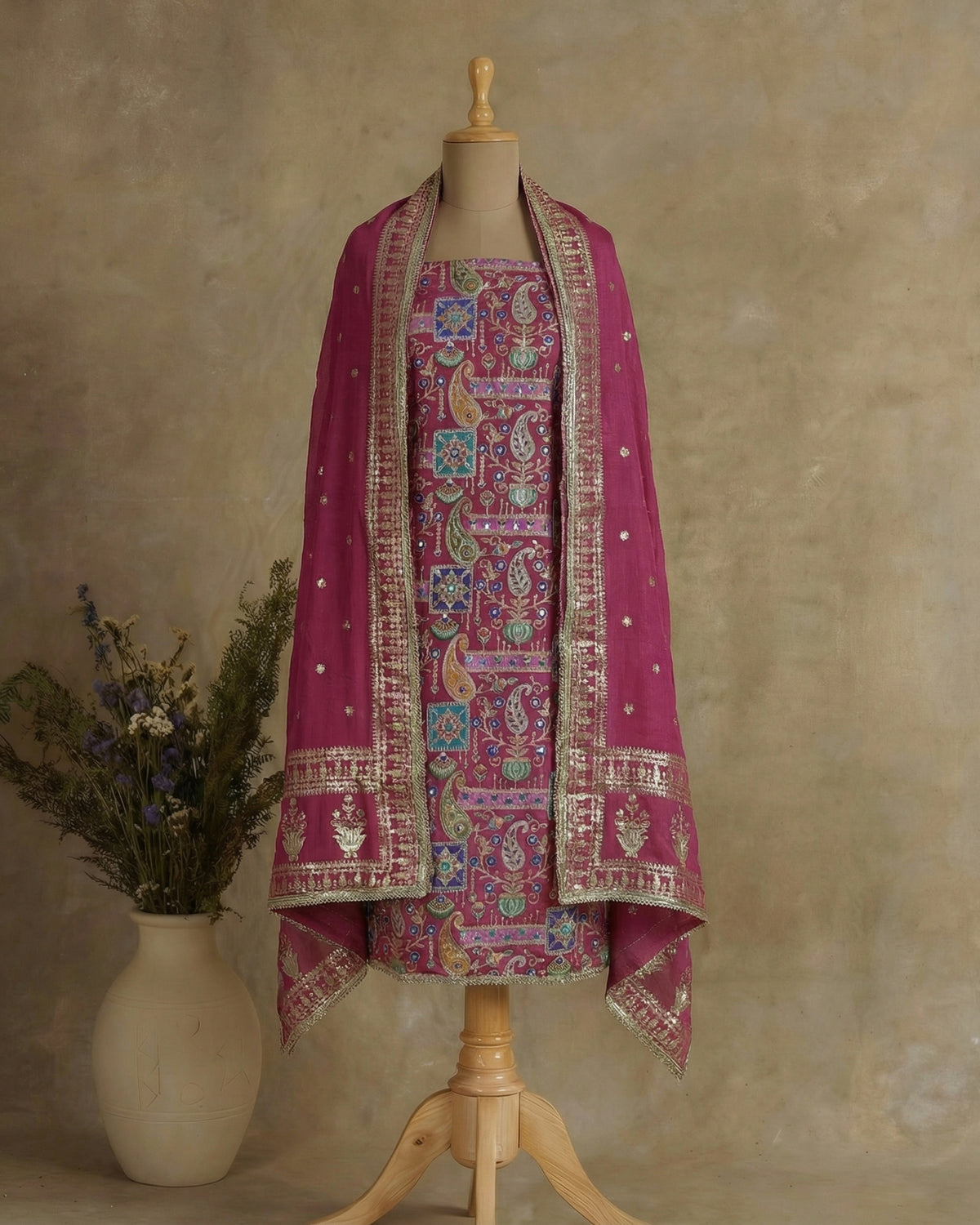 Silk Suit with All-Over Zari Embroidery