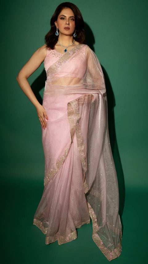 Baby Pink Hand Embroidered Saree Organza And Matching Floral Embroidered Blouse - Set of 2