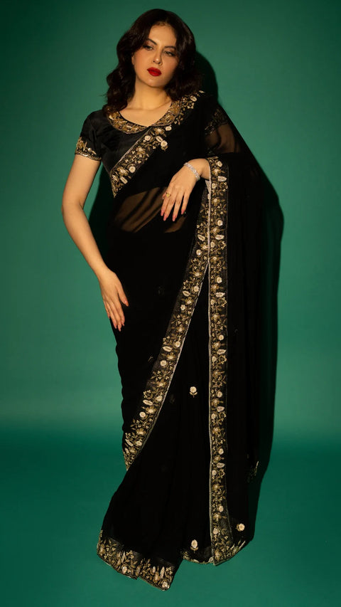Black Hand Embroidered Saree Organza And Matching Floral Embroidered Blouse -Set of 2