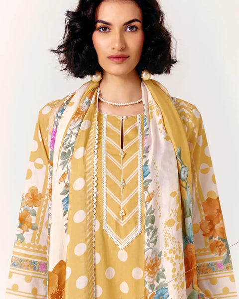Pure Cotton Lawn Suit With Crochet Detailing (Front, Hem, Sleeves) & Pearl Buttons