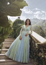 Mint Blue Cut Work 4D Dupion Silk Gown
