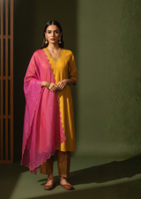 Yellow & Rani Pink Zardozi Flat Silk Straight Cut Suit Set