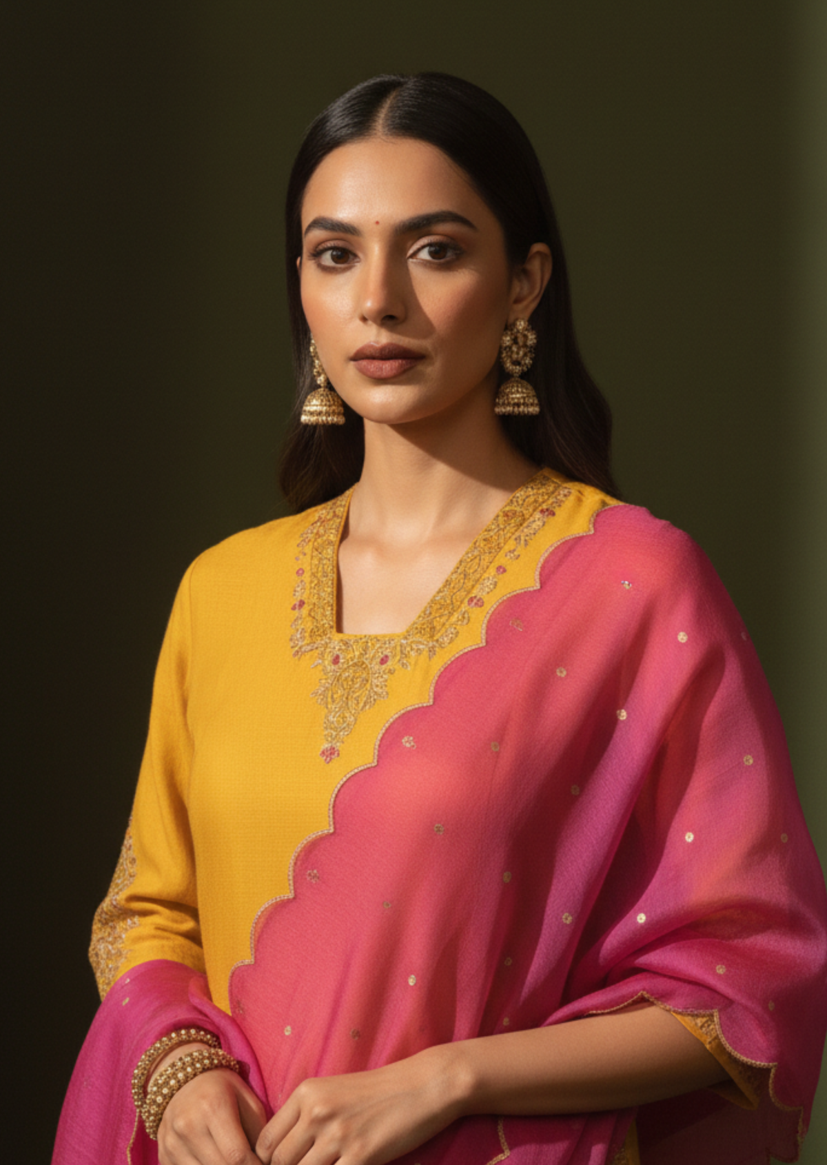 Yellow & Rani Pink Zardozi Flat Silk Straight Cut Suit Set